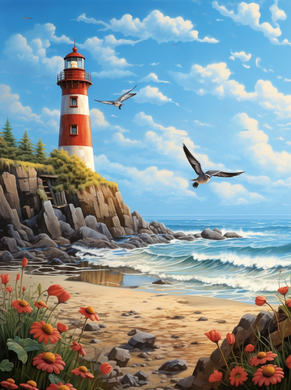 Striped Lighthouse Flowers Diamond Art Kit