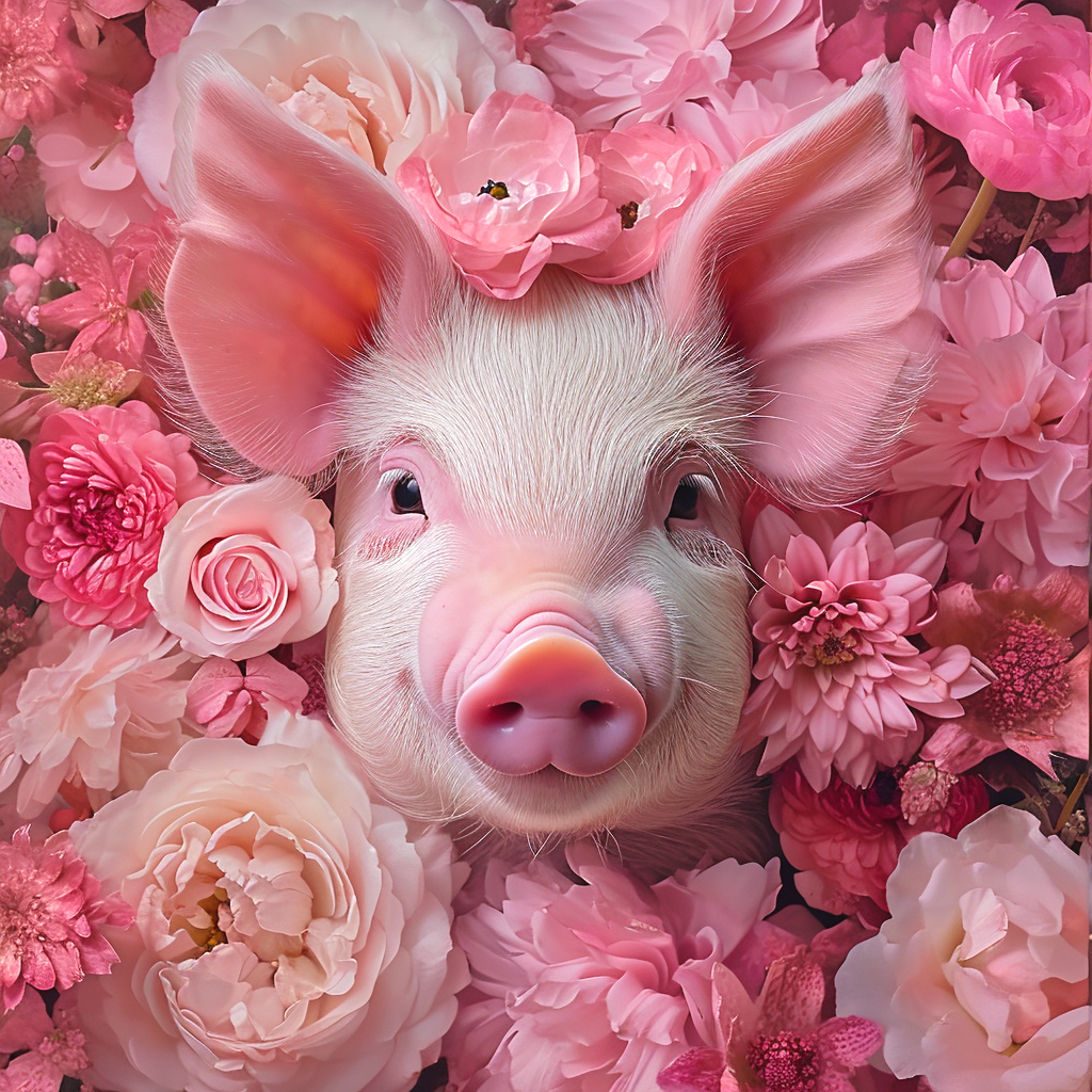 Pink Flowers And Pig Diamond Art Kit