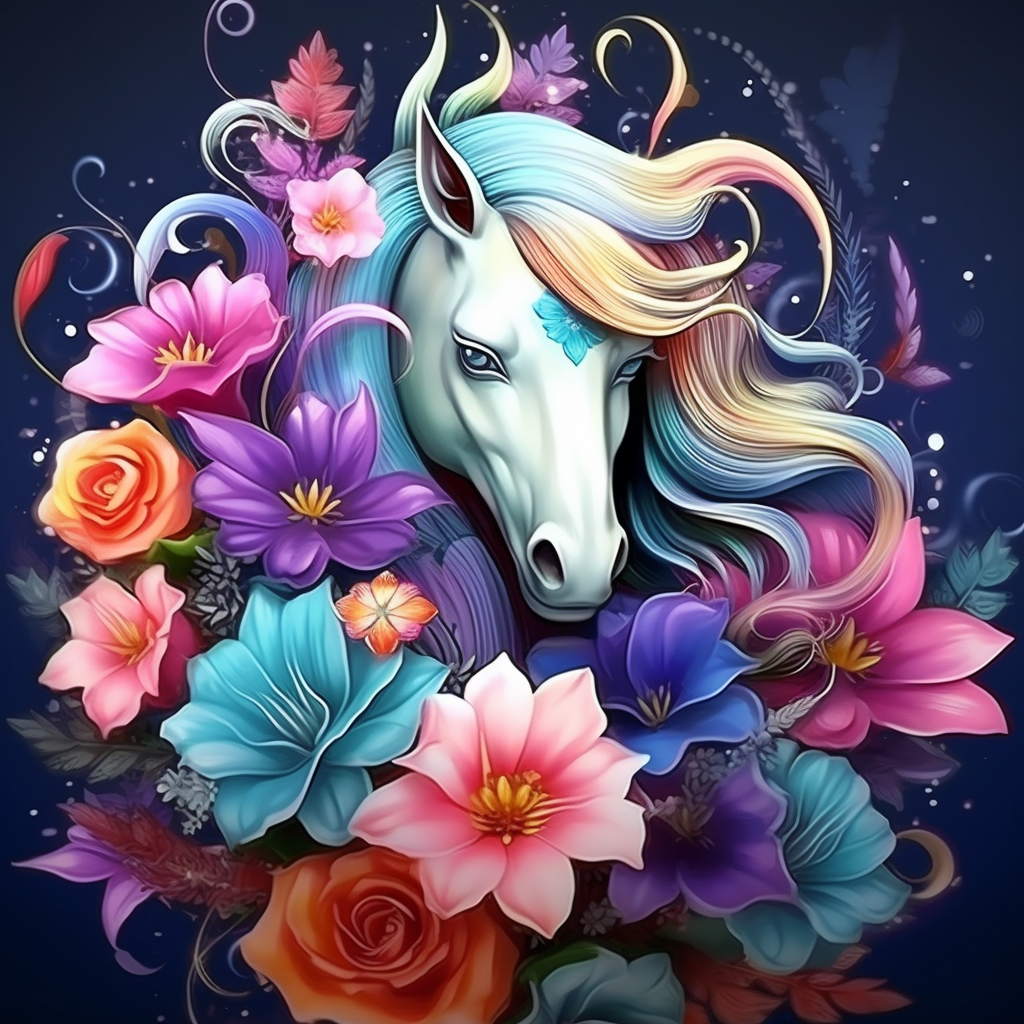 Light Rainbow Mane Horse Flowers Diamond Art Kit