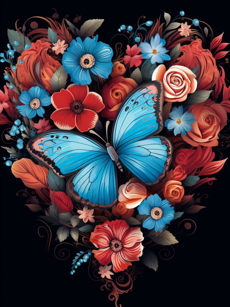 Pink Flowers Blue Butterfly Heart Diamond Art Kit