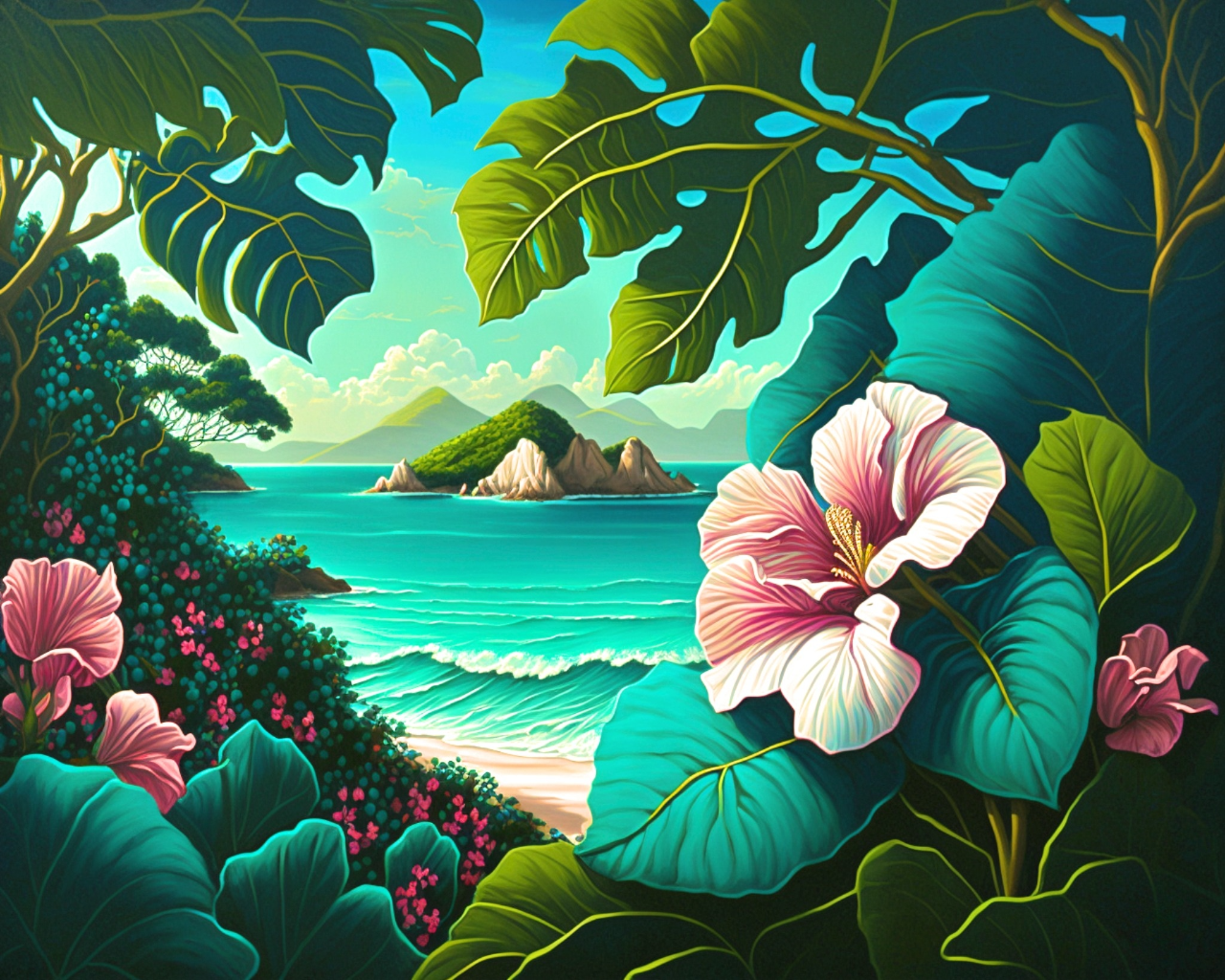 Purple Tropical Flower Beach Scene Diamond Art Kit