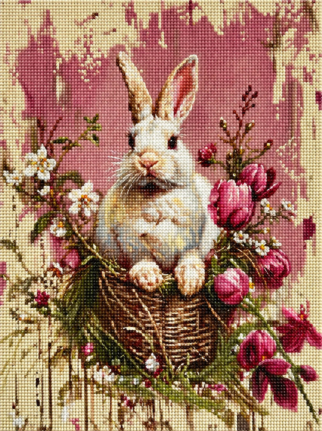 Mauve Tulips And White Rabbit Diamond Art Kit