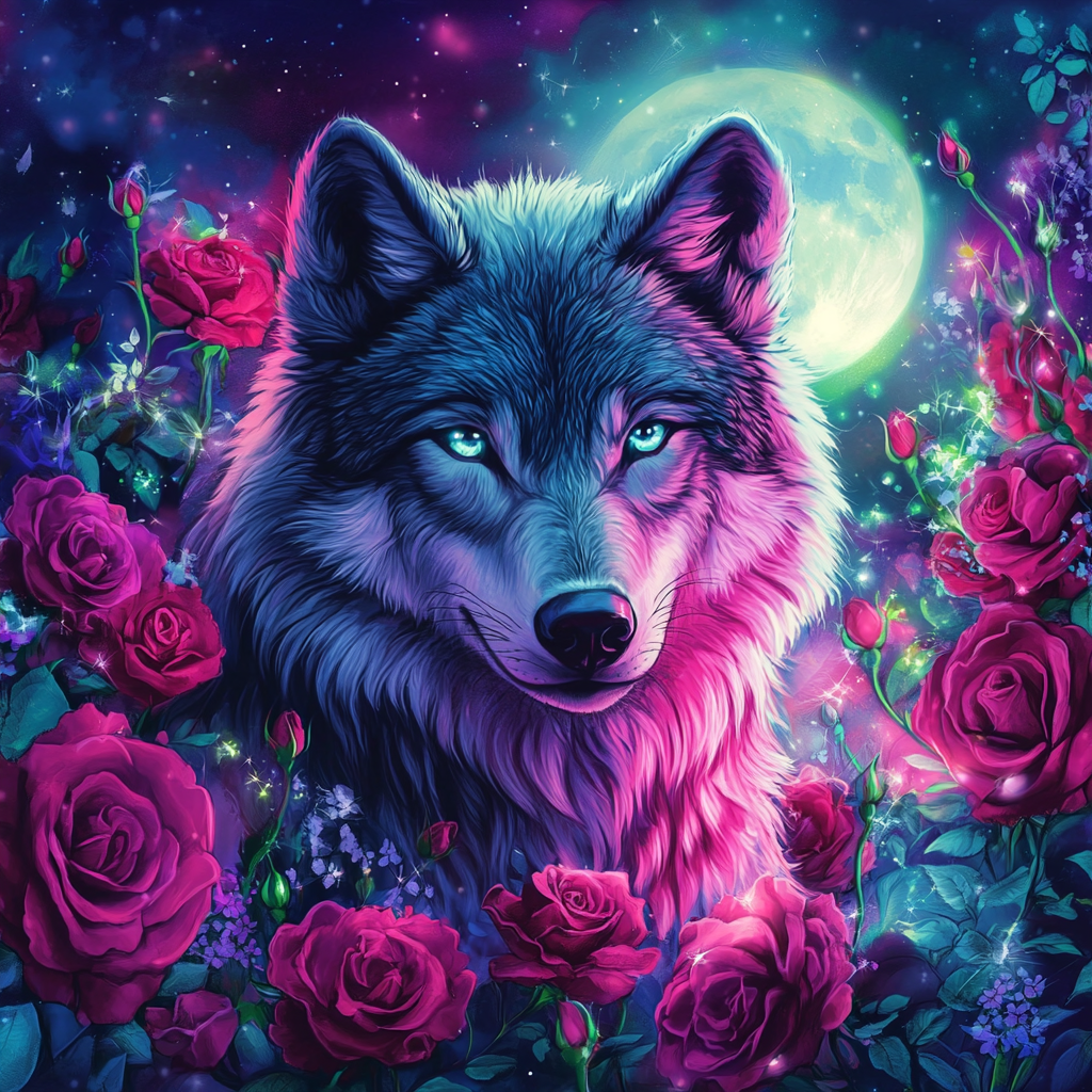 Moon Glow Wolf and Roses Diamond Art Kit