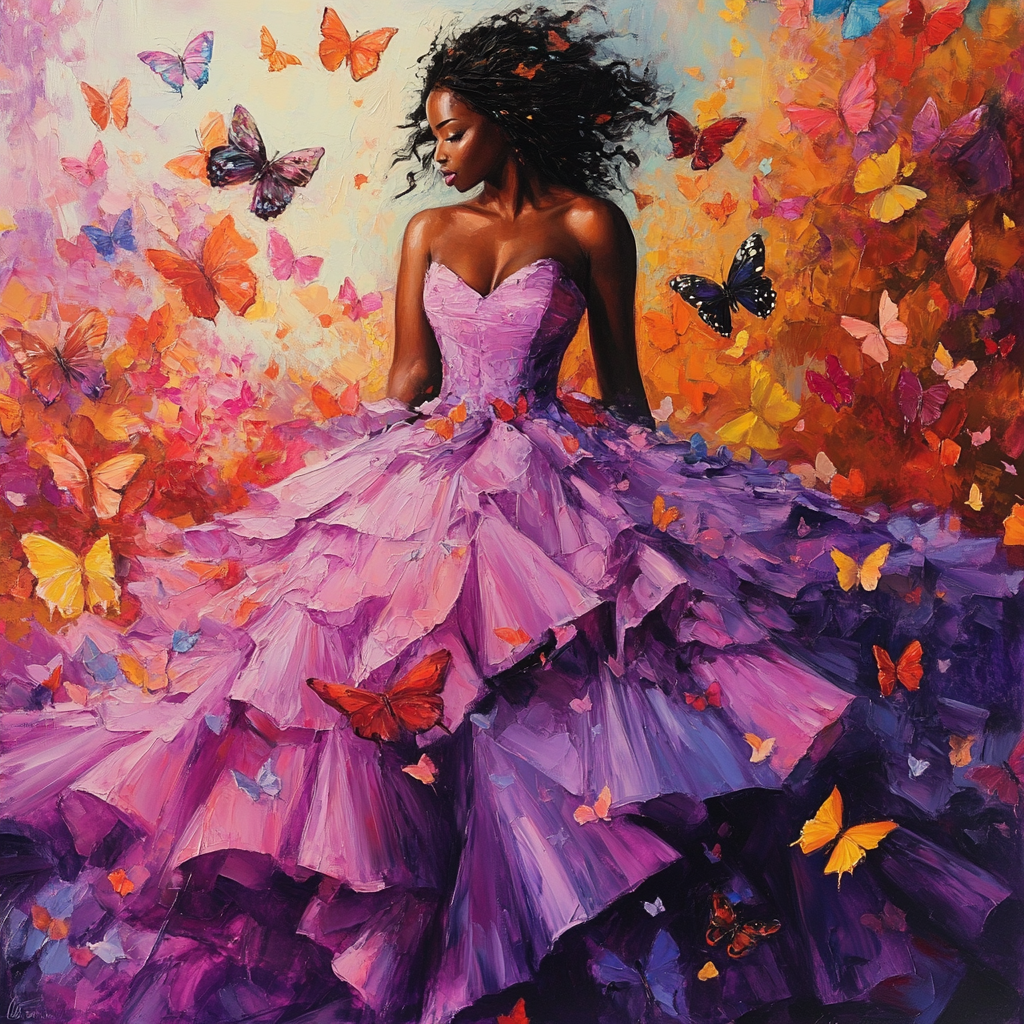 Purple Dress Girl and Blue Butterflies Diamond Art Kit