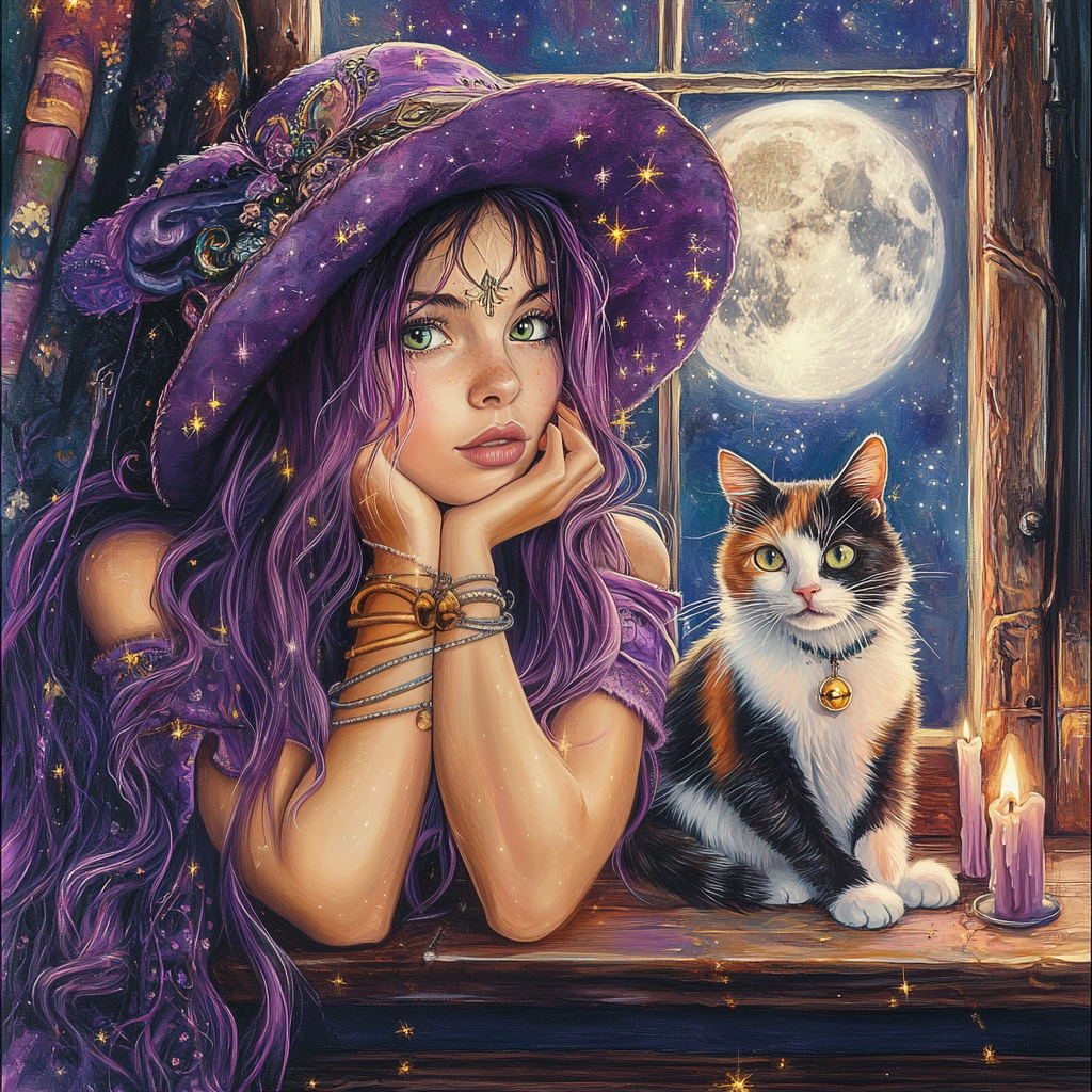 Purple Hair Girl and Calico Cat Diamond Art Kit