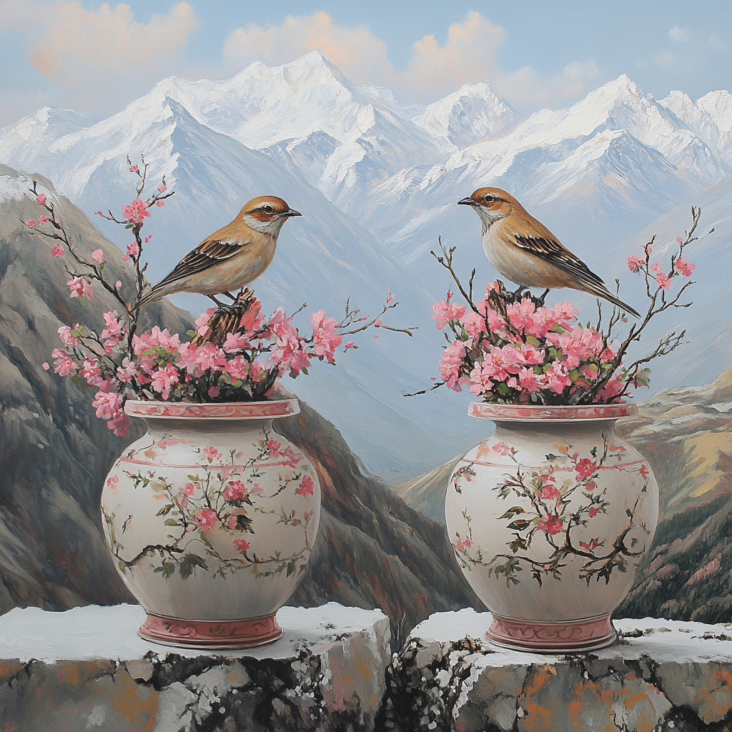 Snow Covered Mountains with Two Birds and Flowers Diamond Art Kit