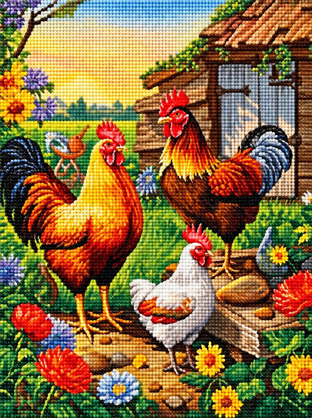 Three Roosters And Flowers Diamond Art Kit
