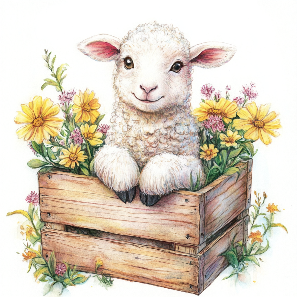 Wooden Crate of Flowers Sheep Diamond Art Kit