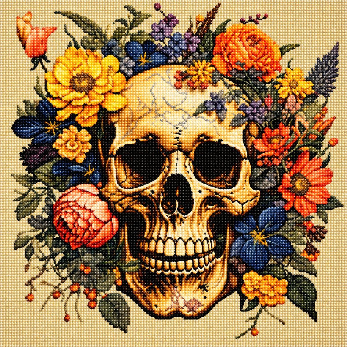 Yellow And Orange Flower Skull Diamond Art Kit