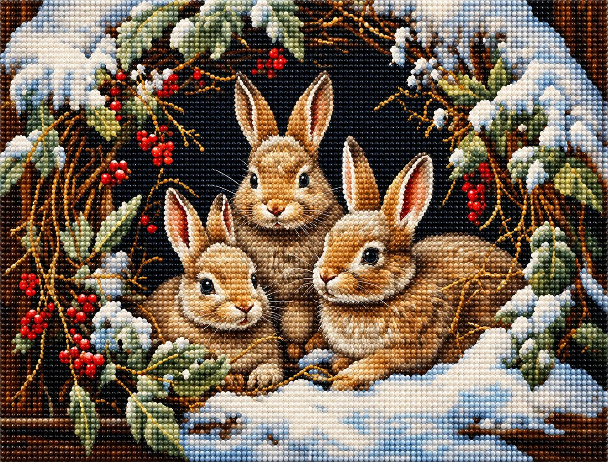 Three Rabbits Under Branches Snow Diamond Art Kit