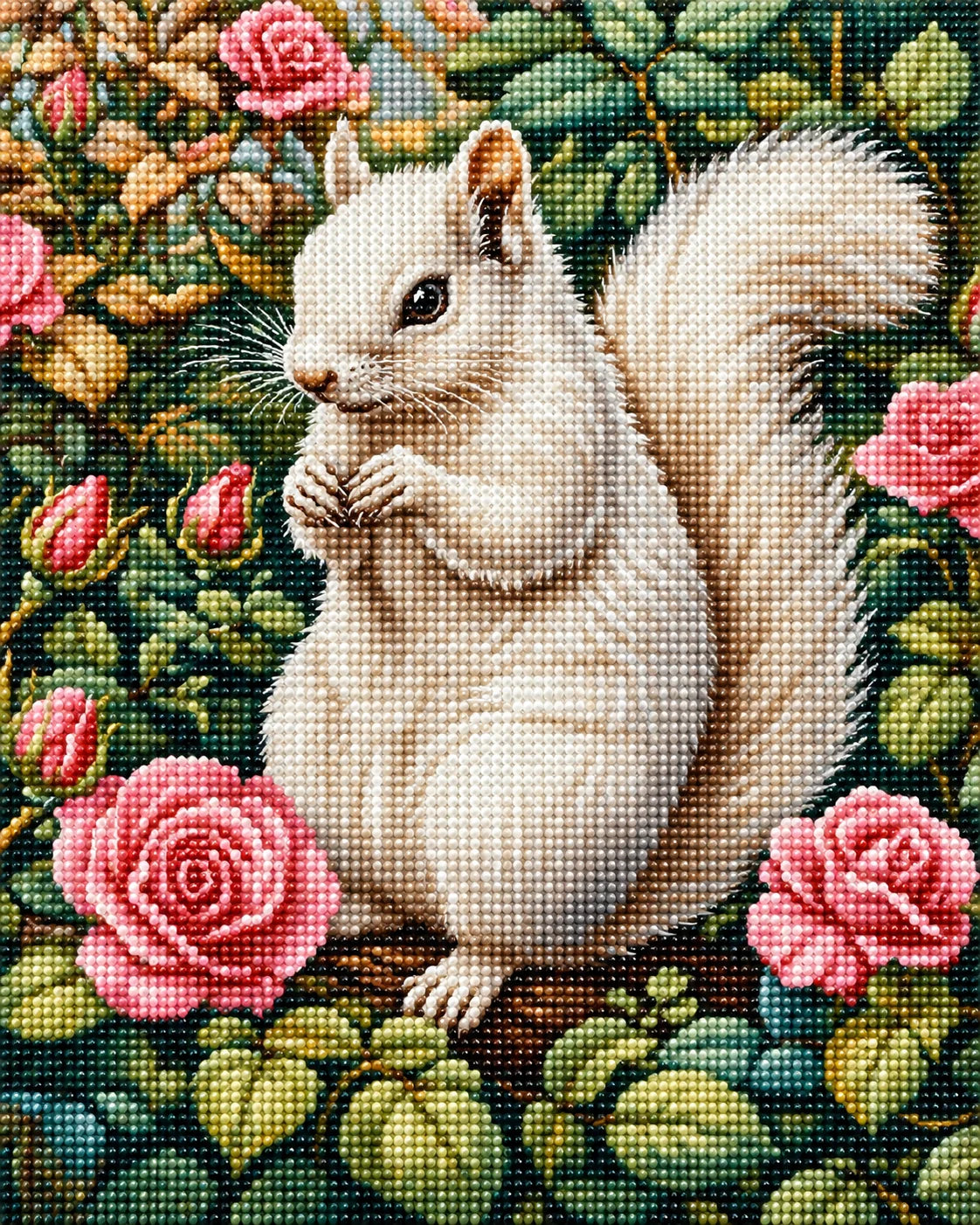 White Squirrel In The Pink Flowers Diamond Art Kit