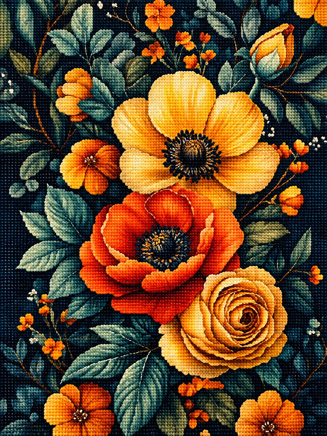 Dark Green Leaves Orange Yellow Flowers Diamond Art Kit