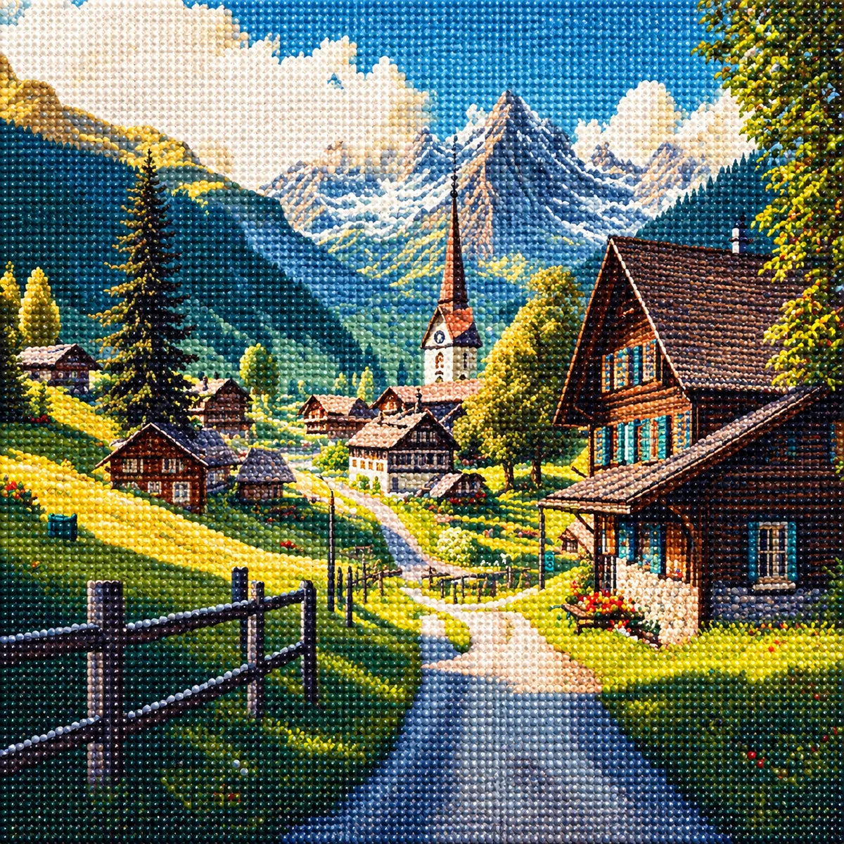 Green Grass Mountain Village Diamond Art Kit