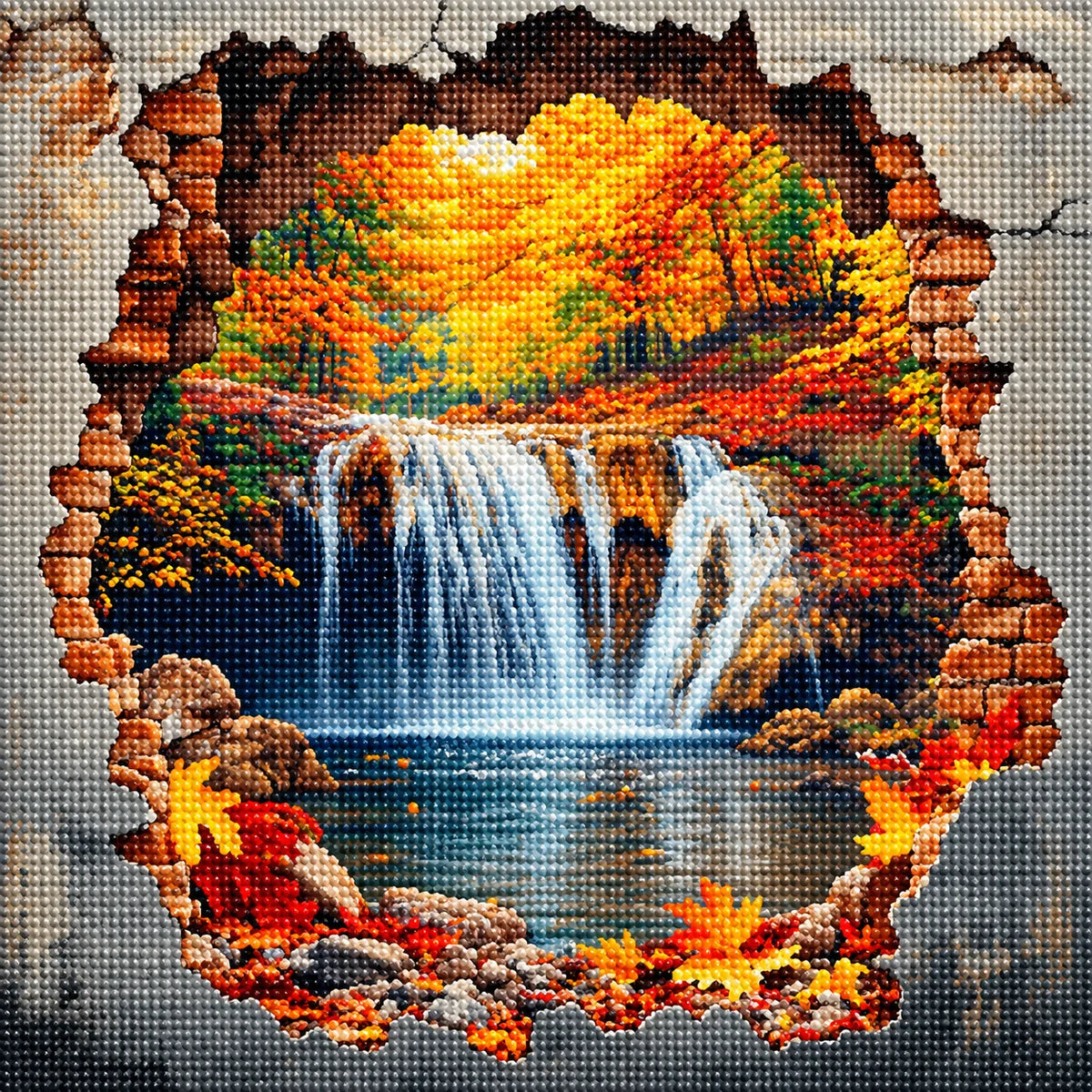 Cracked Brick Wall Fall Leaf Waterfall Diamond Art Kit