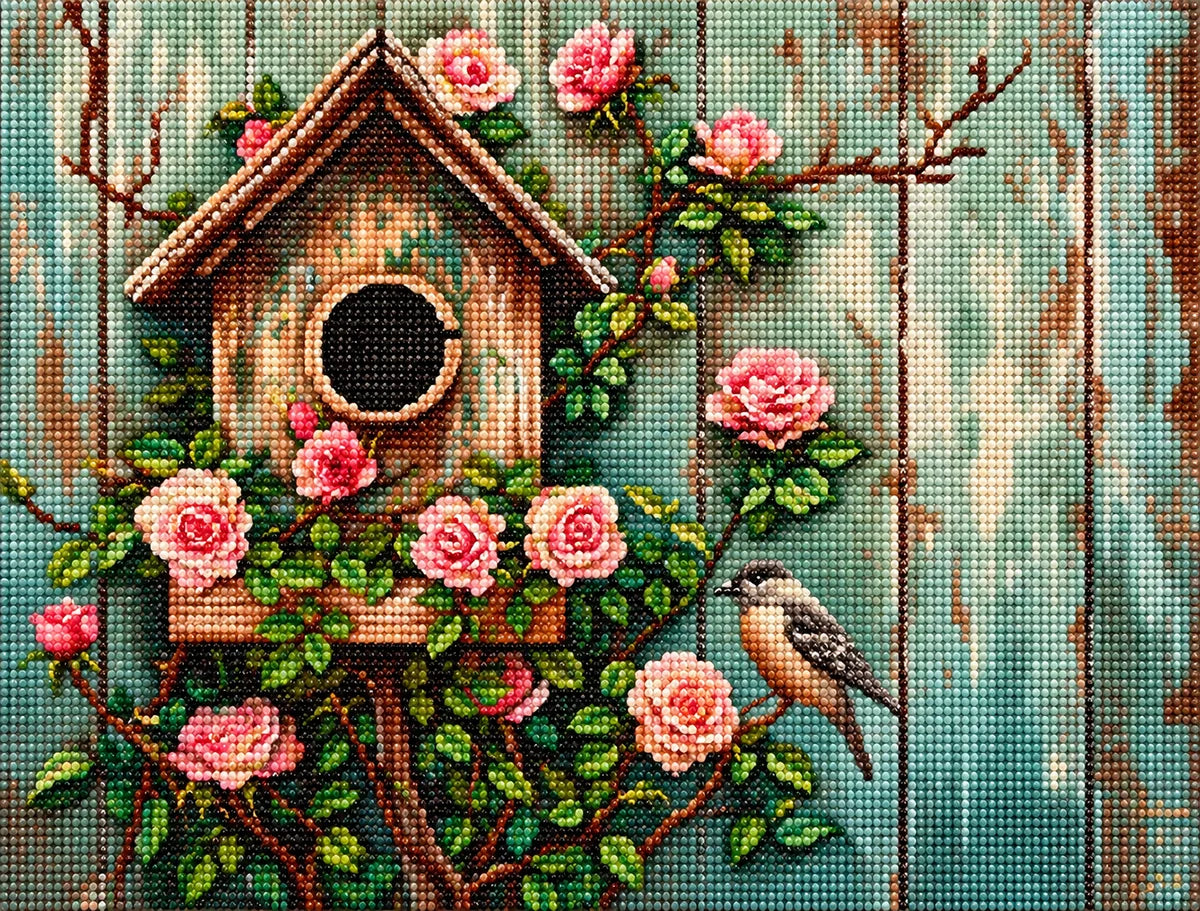 Pink Rose Birdhouse Diamond Art Kit