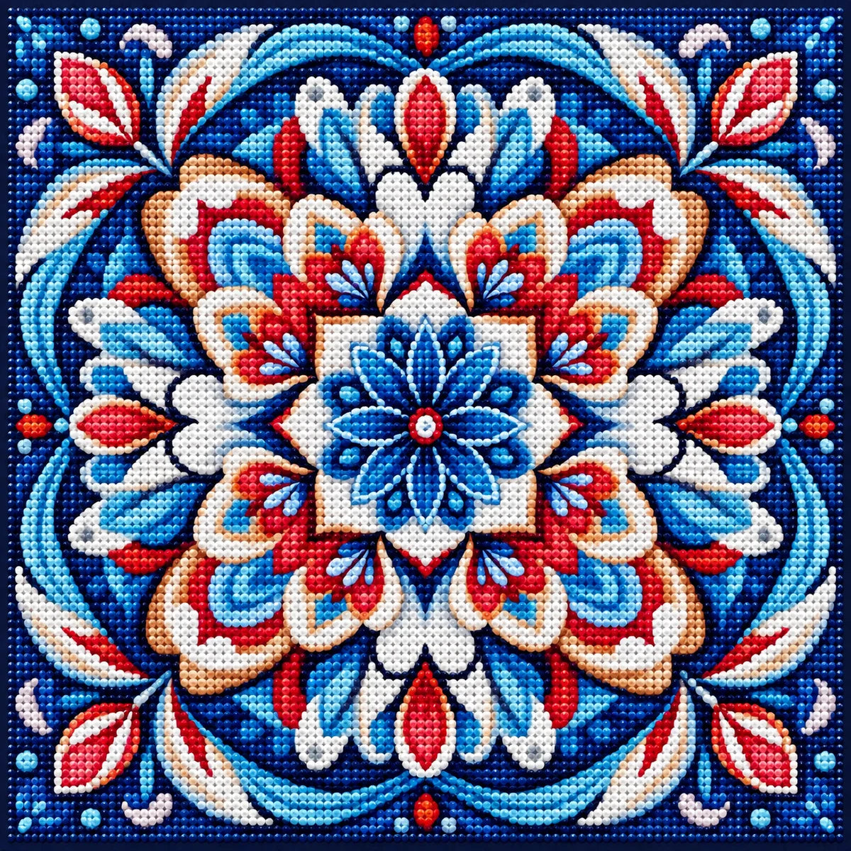 White Center Blue Flower Mandala Diamond Art Kit