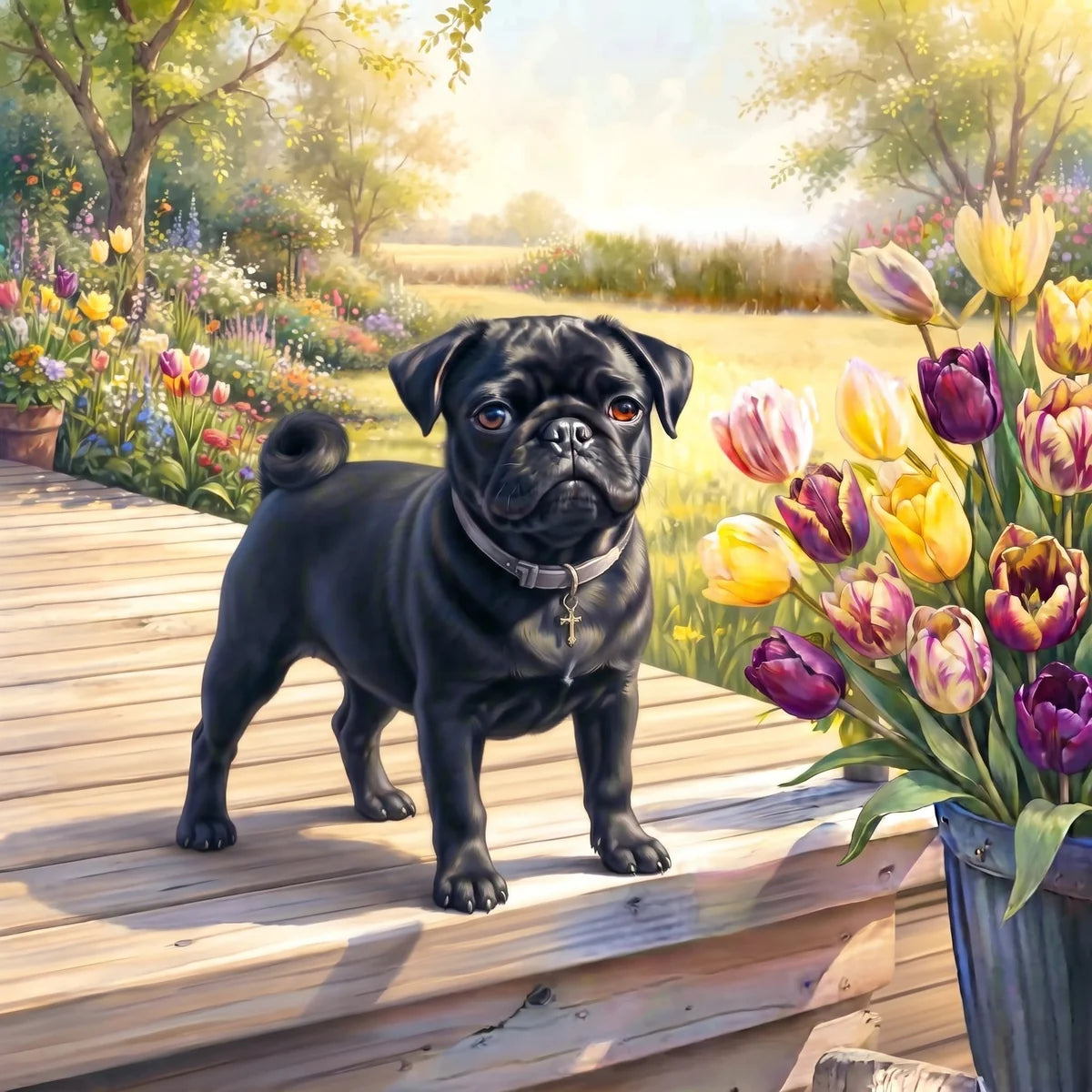 Black Pug Flowers Diamond Art Kit