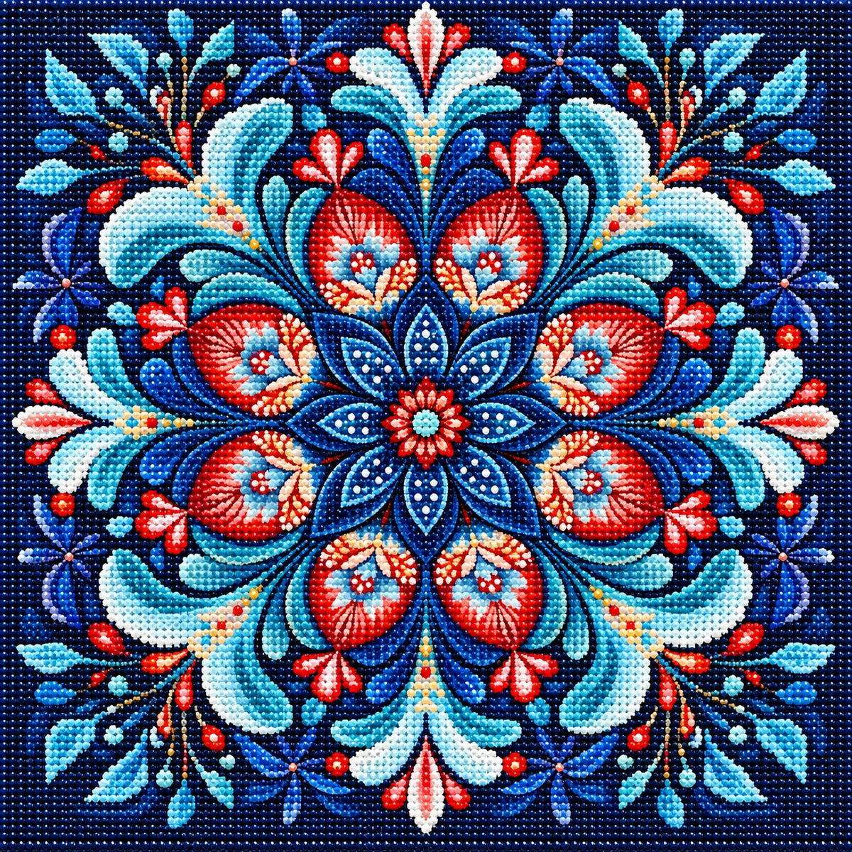 Red Center Blue Flower Mandala Diamond Art Kit