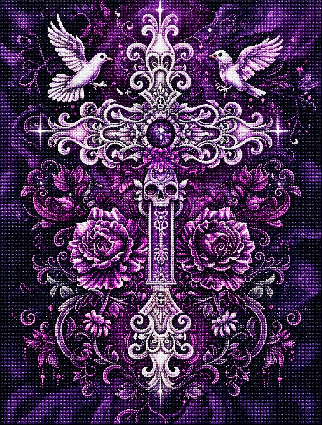 Two Flowers And Two Doves Cross Diamond Art Kit