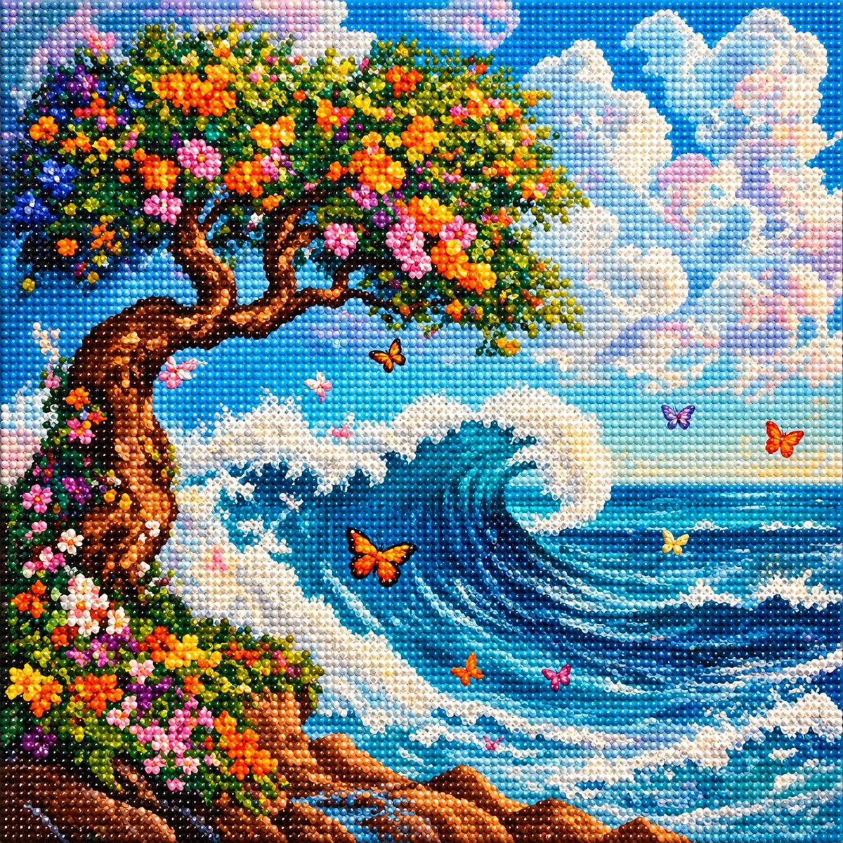 Tree Flowers And Waves Diamond Art Kit