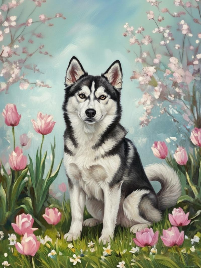 Alaskan Klee Kai In The Tulips Diamond Art Kit