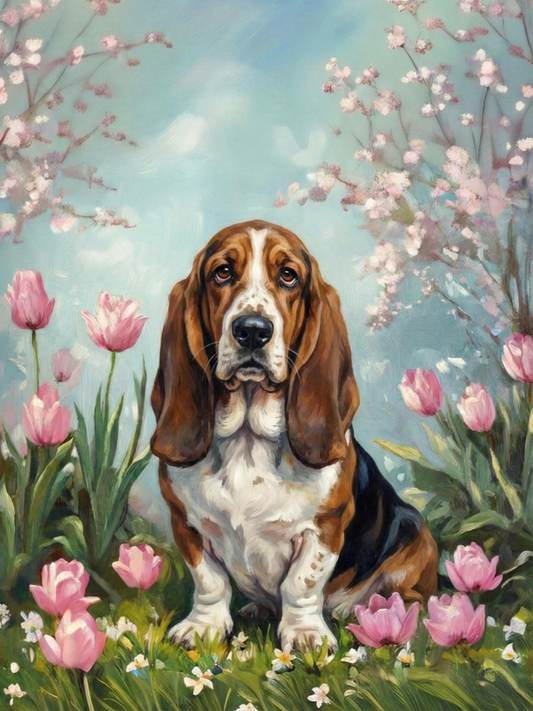 Basset Hound in the Tulips Diamond Art Kit
