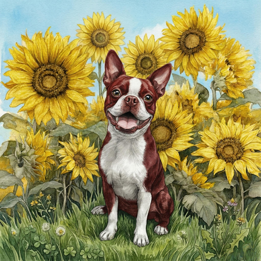 Blue Sky Red Boston Terrier and Sunflowers Diamond Art Kit