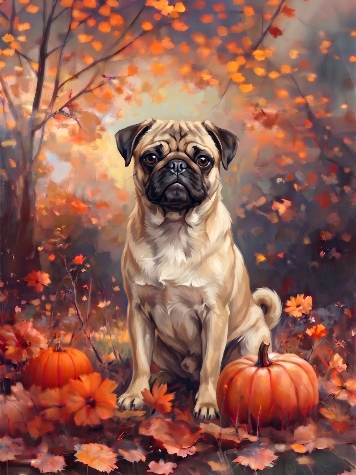 Fall Pug With Pumpkins Diamond Art Kit