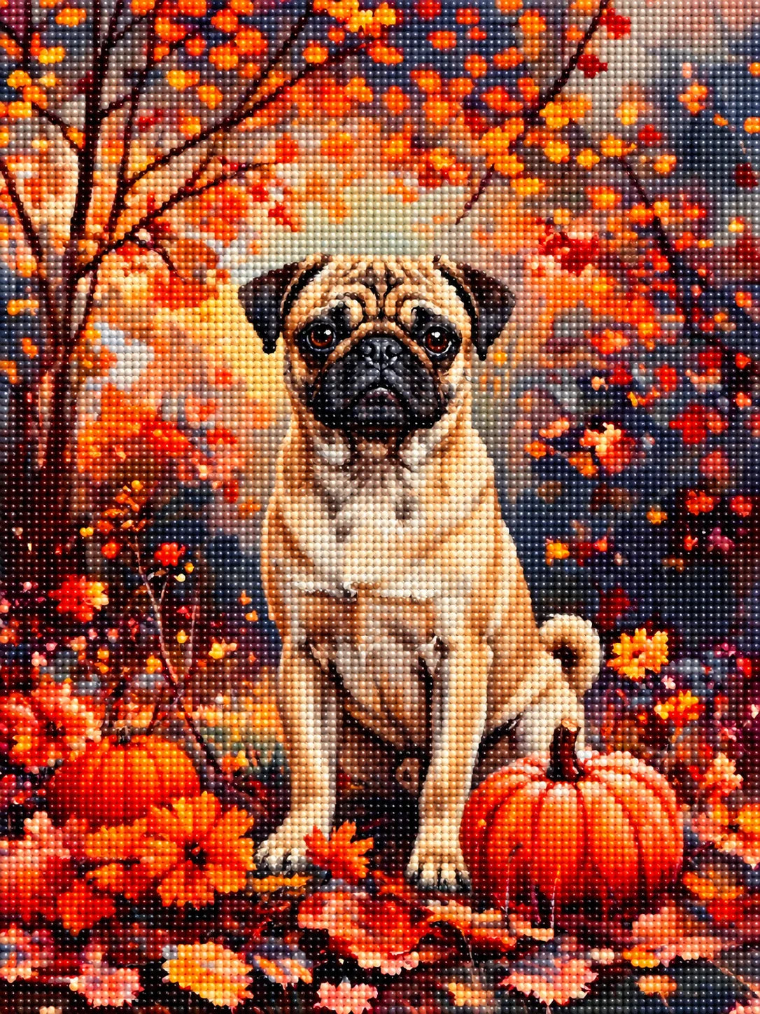 Fall Pug With Pumpkins Diamond Art Kit