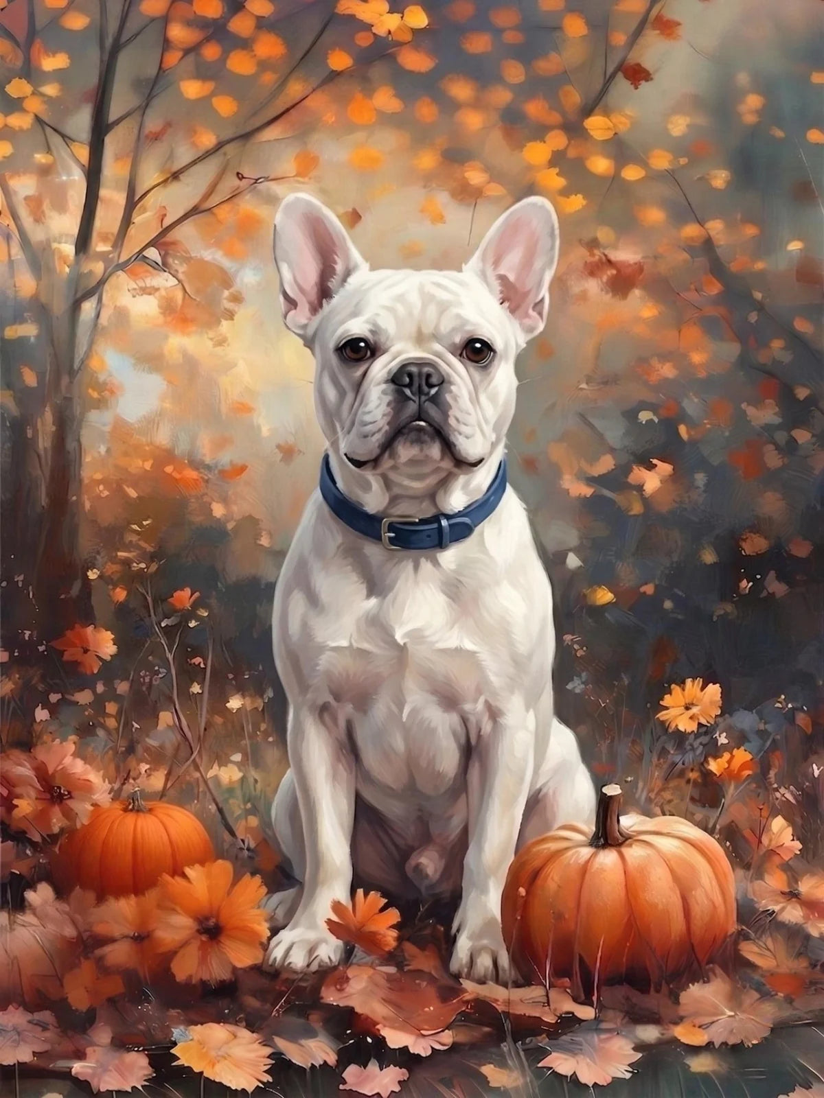 Fall White French Bulldog With Pumpkins Diamond Art Kit