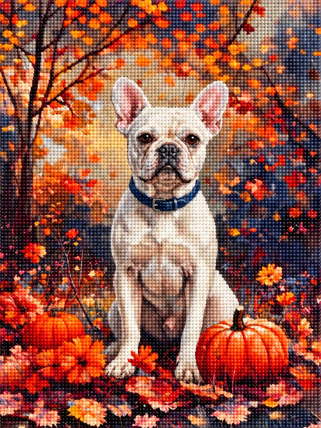 Fall White French Bulldog With Pumpkins Diamond Art Kit