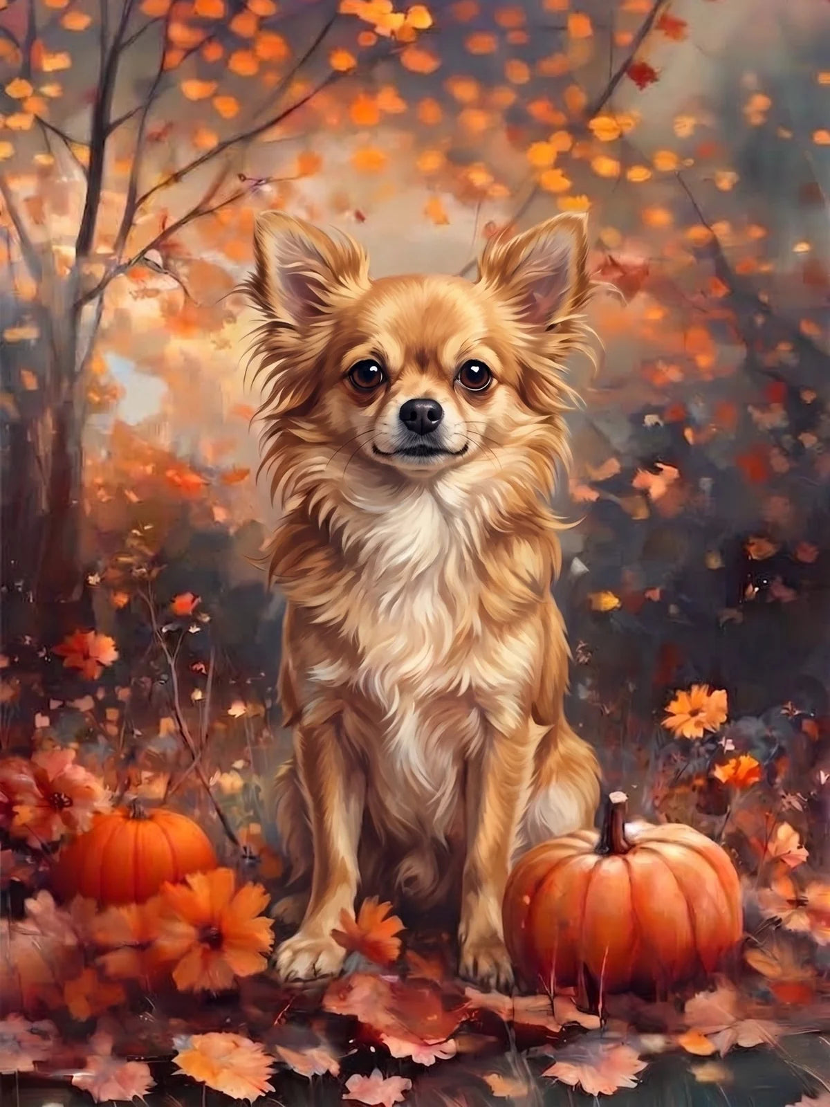 Fall Long Hair Chihuahua With Pumpkins Diamond Art Kit