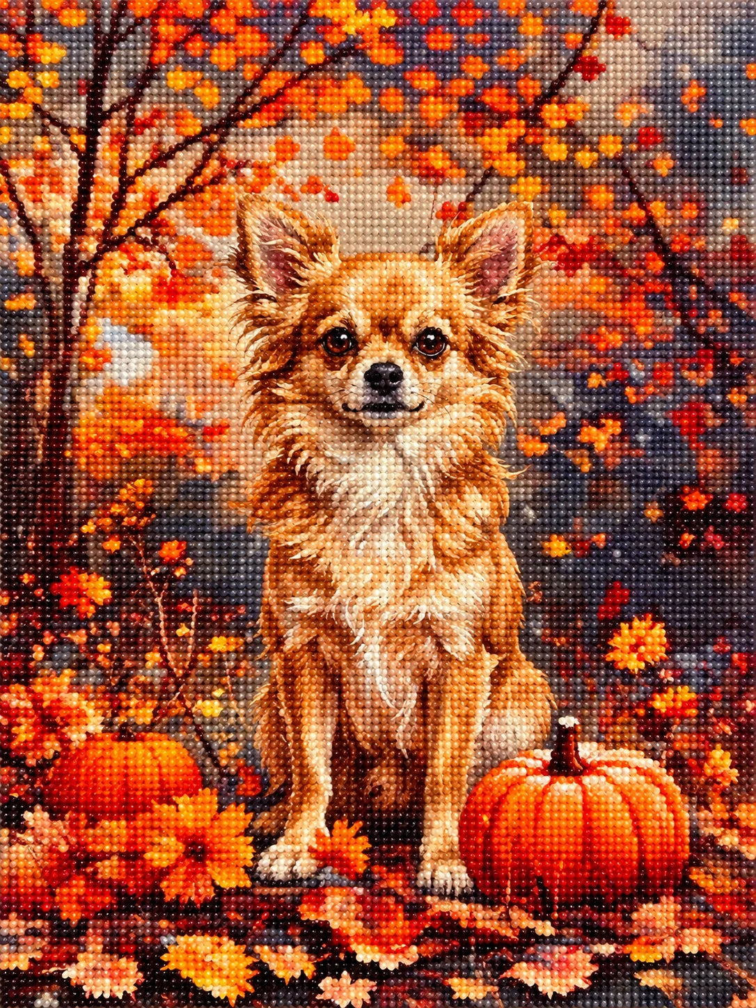 Fall Long Hair Chihuahua With Pumpkins Diamond Art Kit