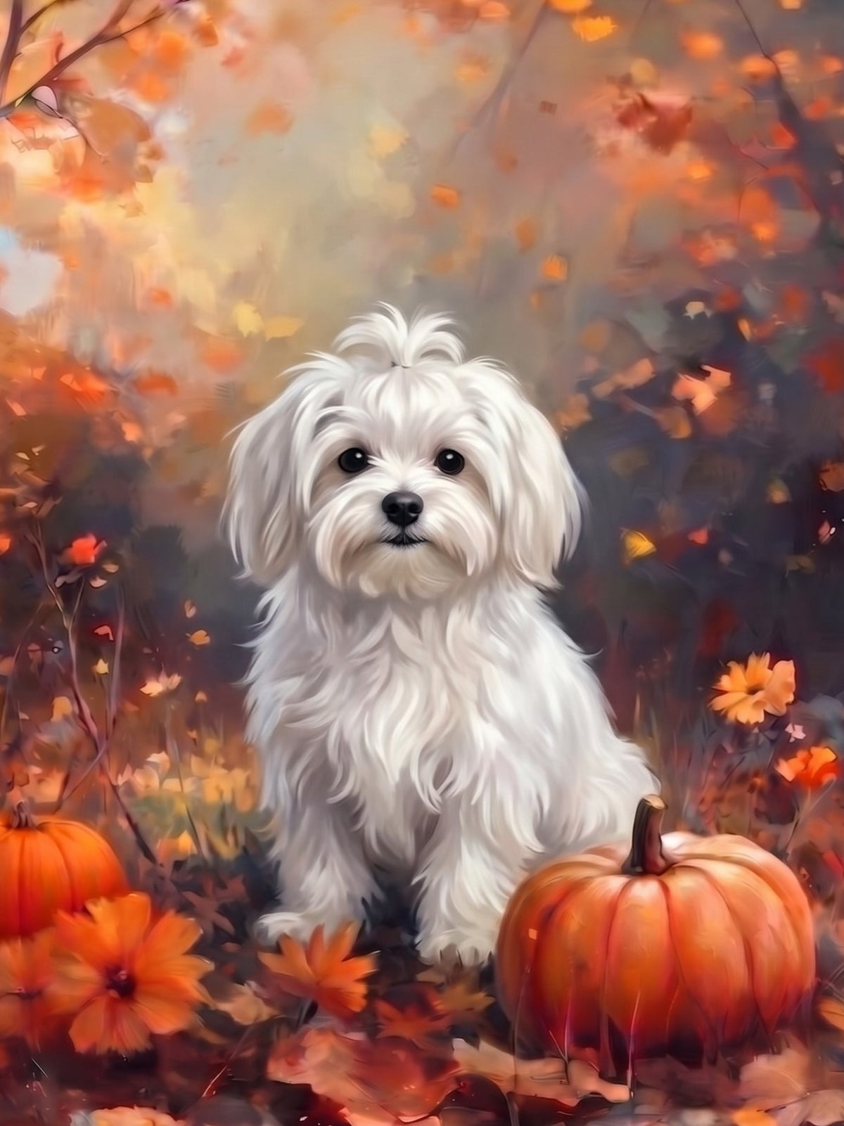 Fall Maltese With Pumpkins Diamond Art Kit
