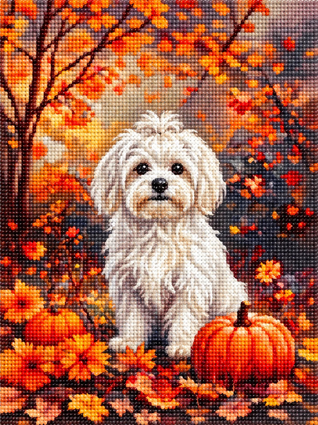 Fall Maltese With Pumpkins Diamond Art Kit