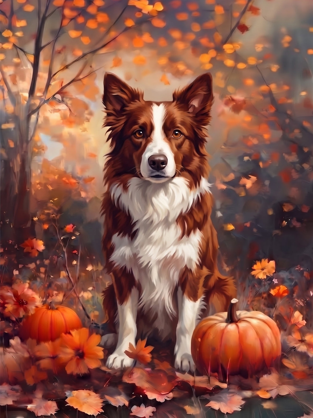 Fall Red And White Border Collie With Pumpkins Diamond Art Kit