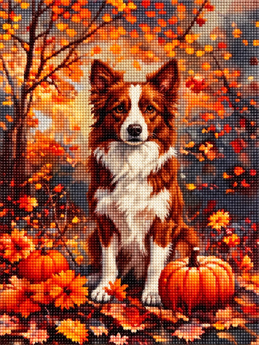 Fall Red And White Border Collie With Pumpkins Diamond Art Kit