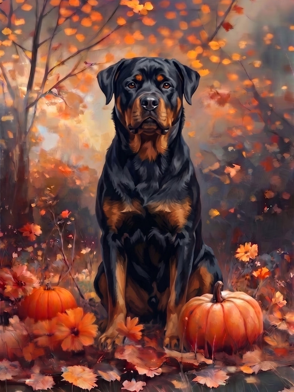 Fall Rottweriler With Pumpkins Diamond Art Kit