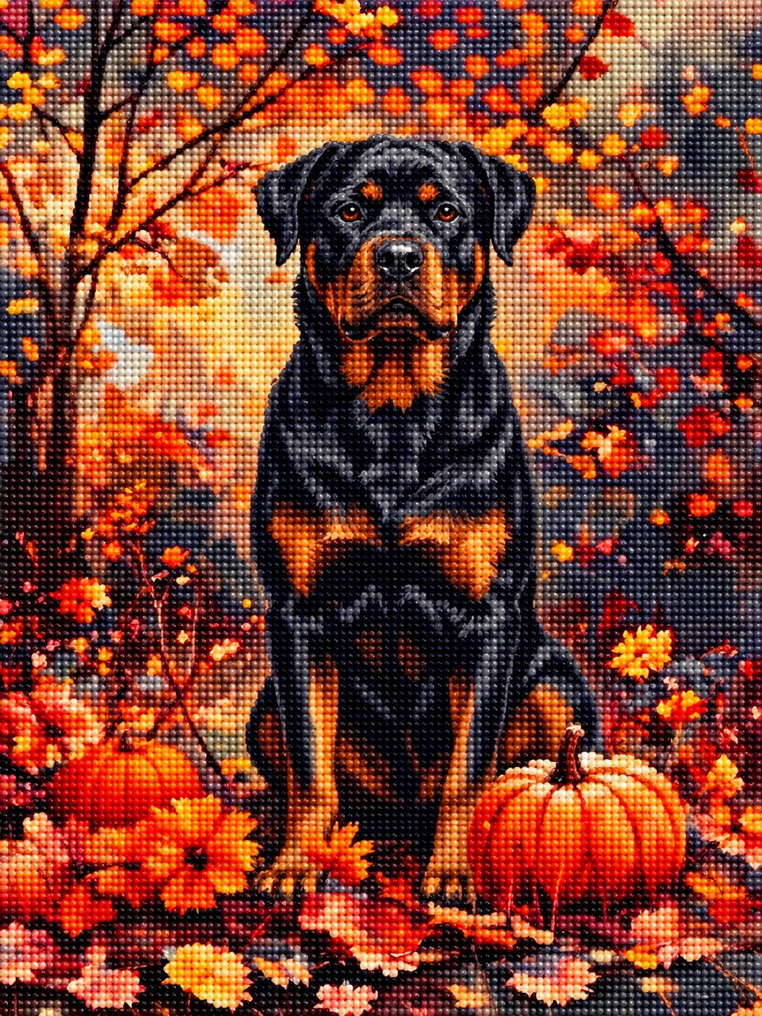 Fall Rottweriler With Pumpkins Diamond Art Kit