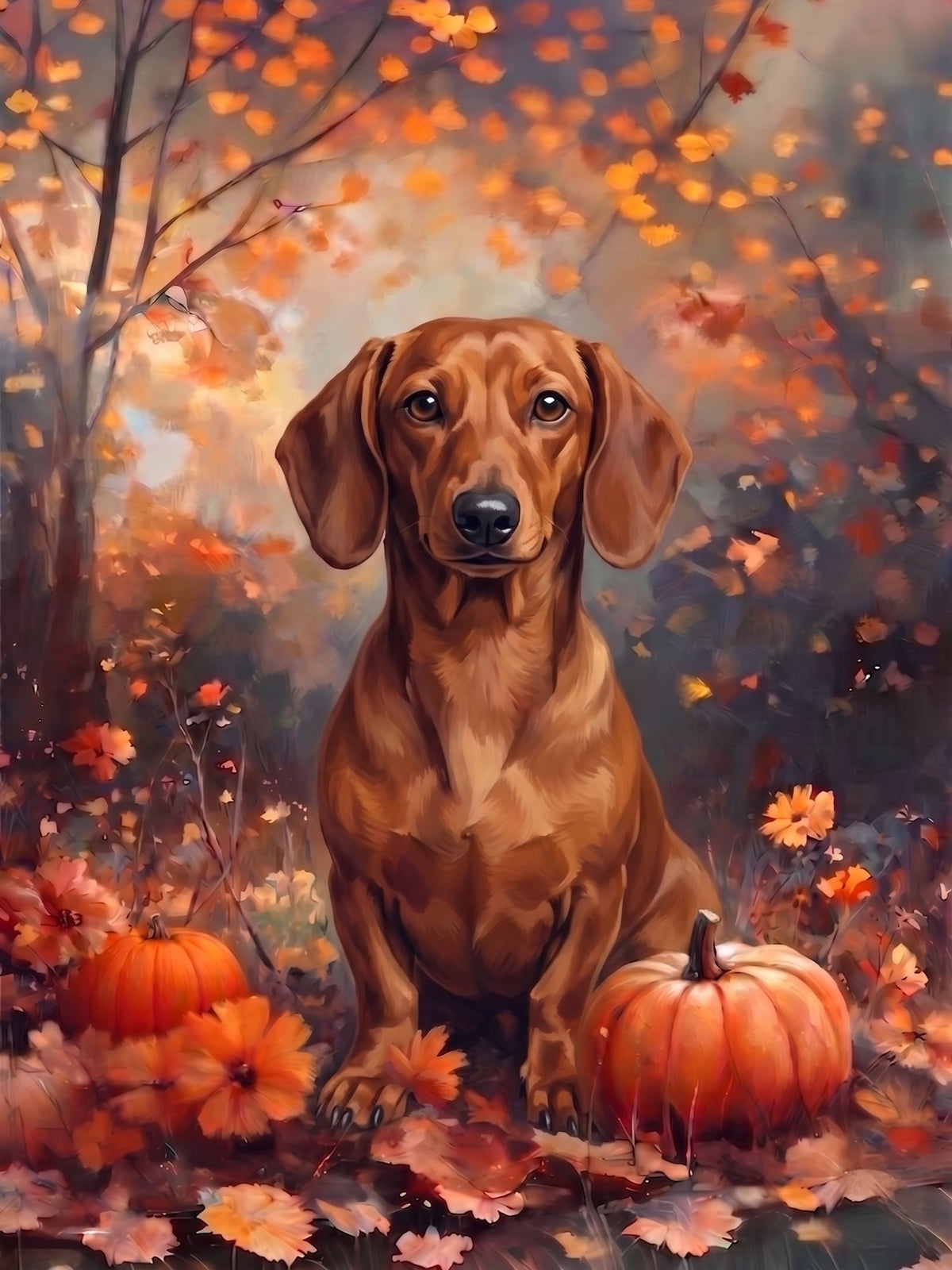 Fall Short Haired Dachshund With Pumpkins Diamond Art Kit