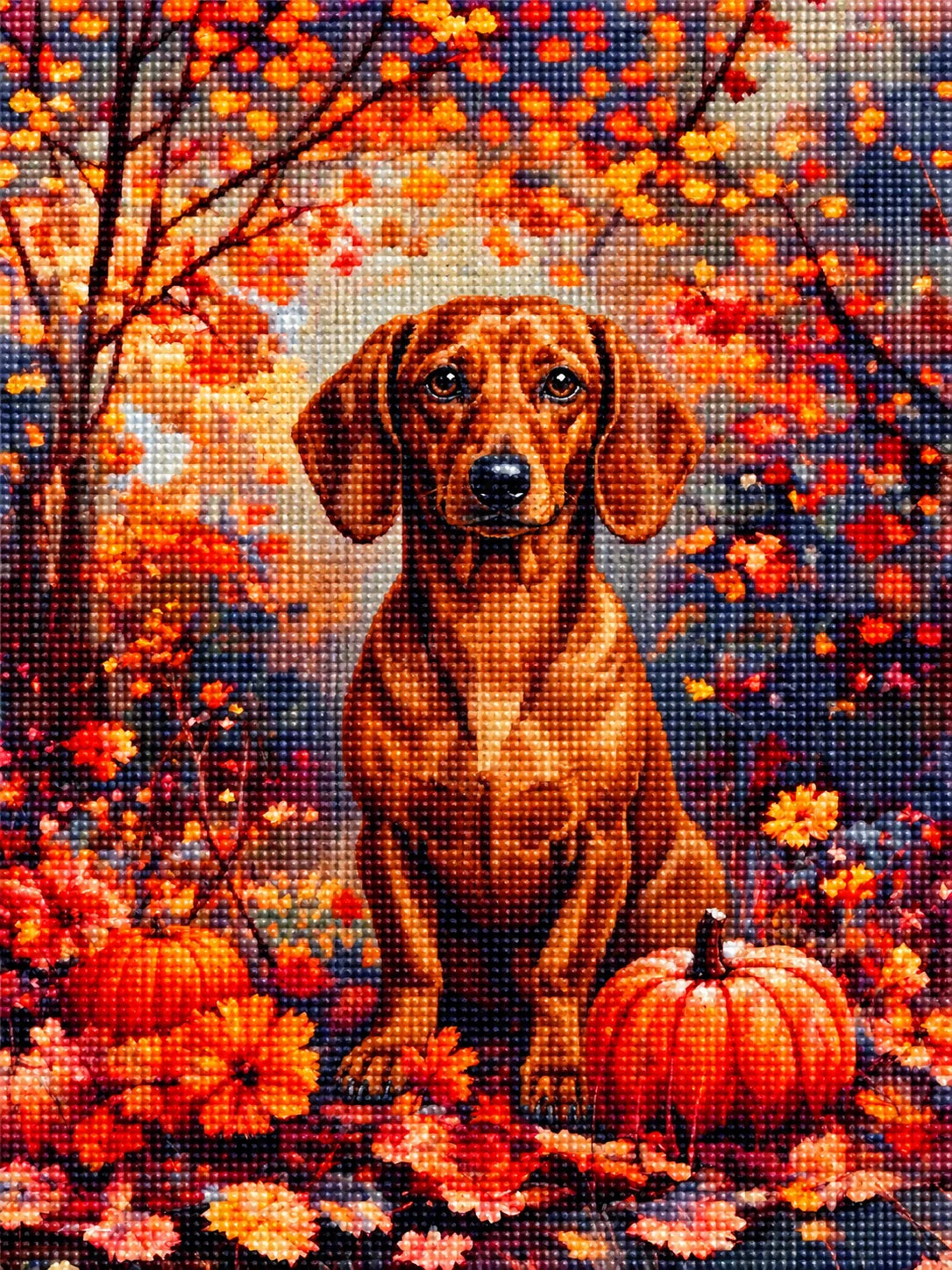 Fall Short Haired Dachshund With Pumpkins Diamond Art Kit