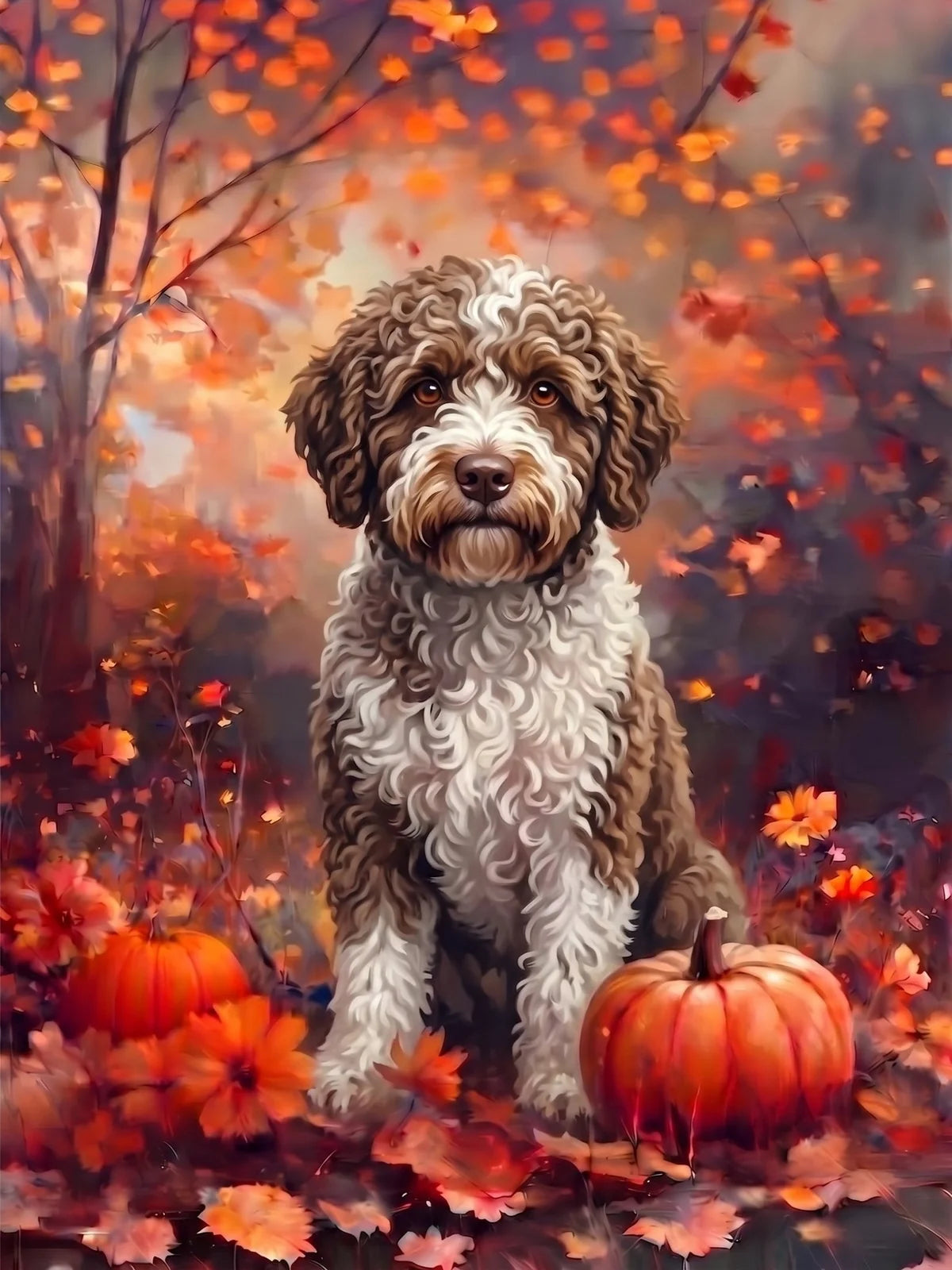 Fall Spanish Water Dog With Pumpkins Diamond Art Kit