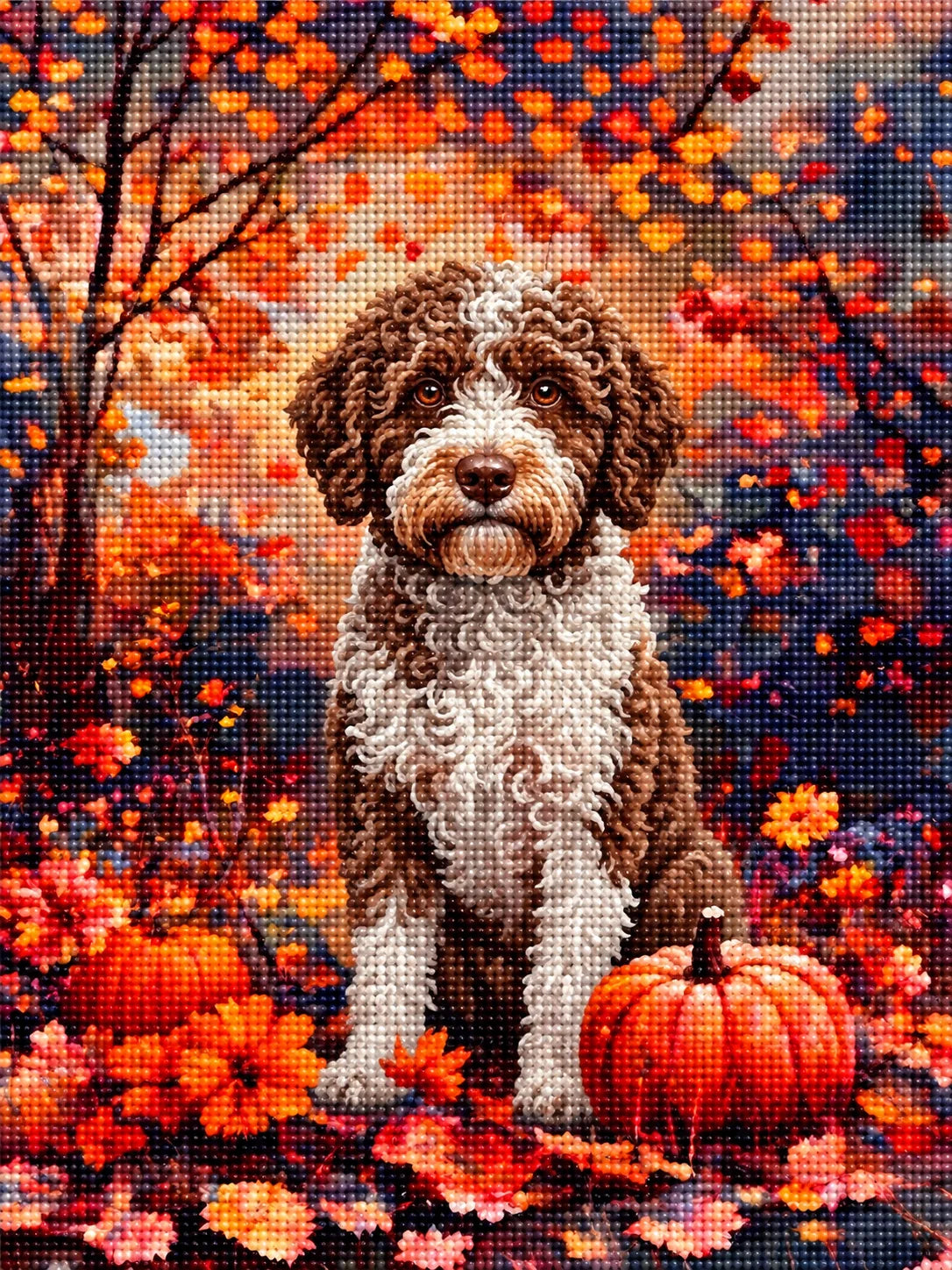 Fall Spanish Water Dog With Pumpkins Diamond Art Kit