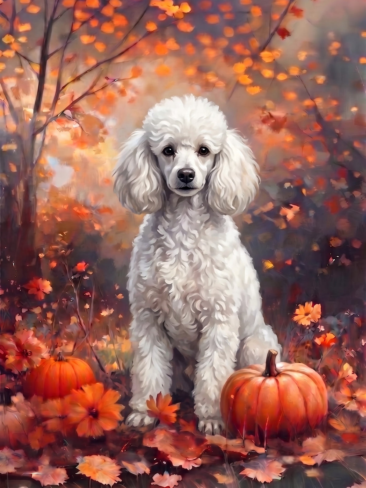 Fall White Toy Poodle With Pumpkins Diamond Art Kit