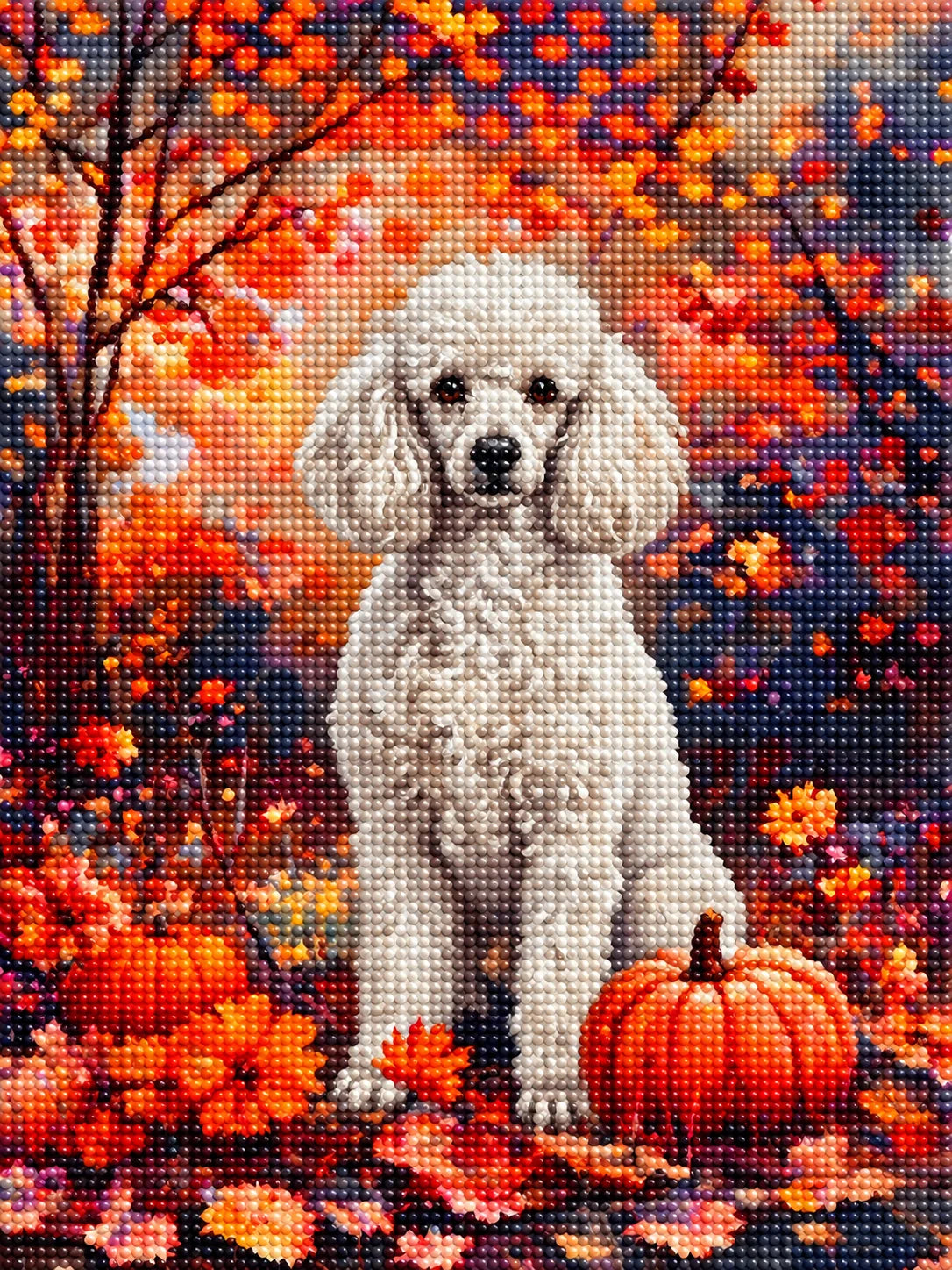 Fall White Toy Poodle With Pumpkins Diamond Art Kit