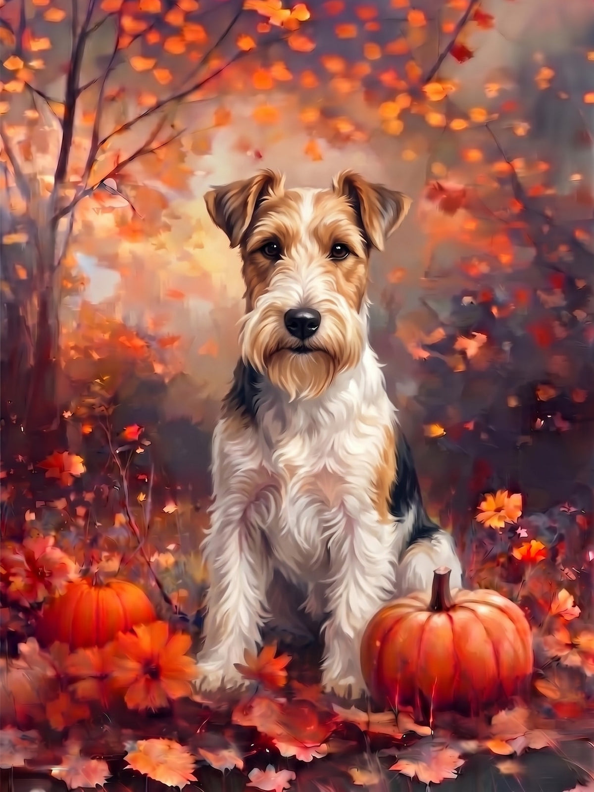 Fall Wire Fox Terrier With Pumpkins Diamond Art Kit