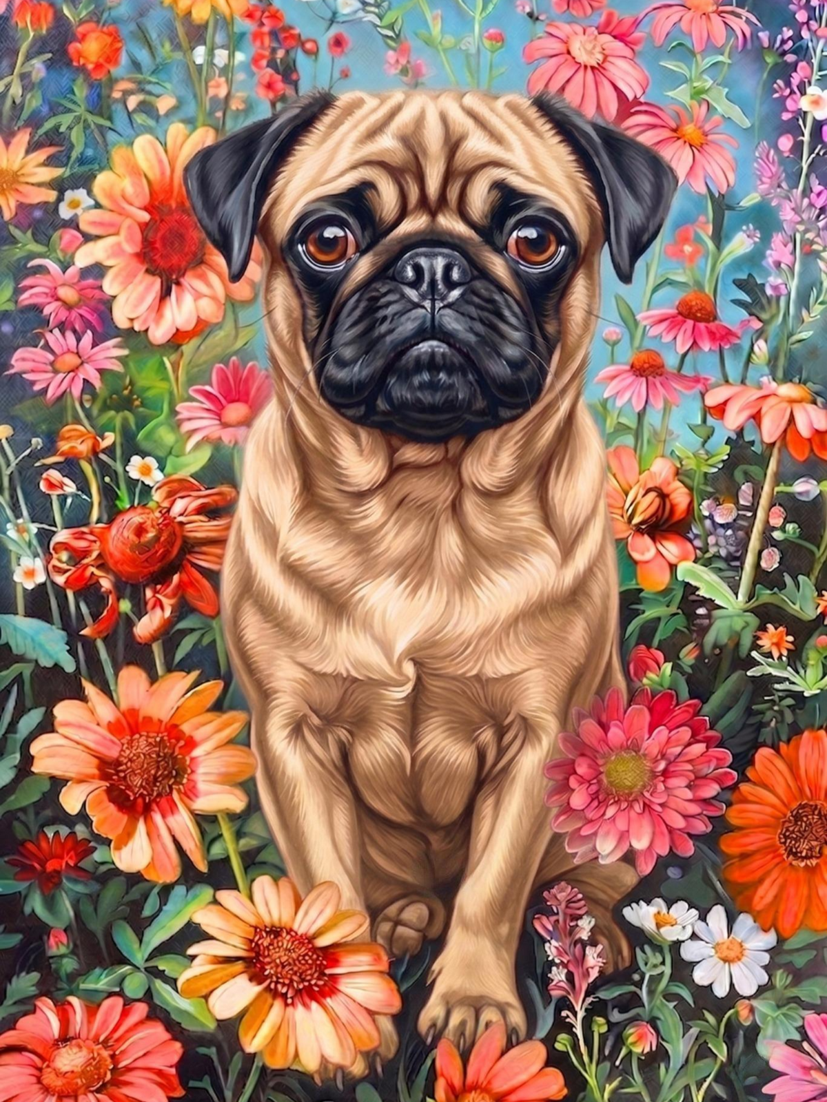 Flower Garden Pug Diamond Art Kit