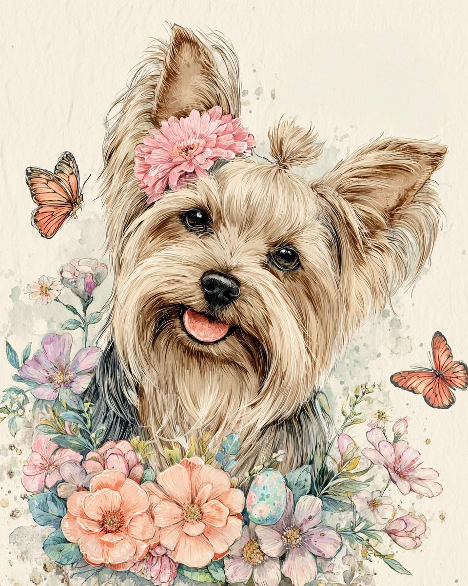 Flowers and Butterflies Yorkshire Terrier Diamond Art Kit