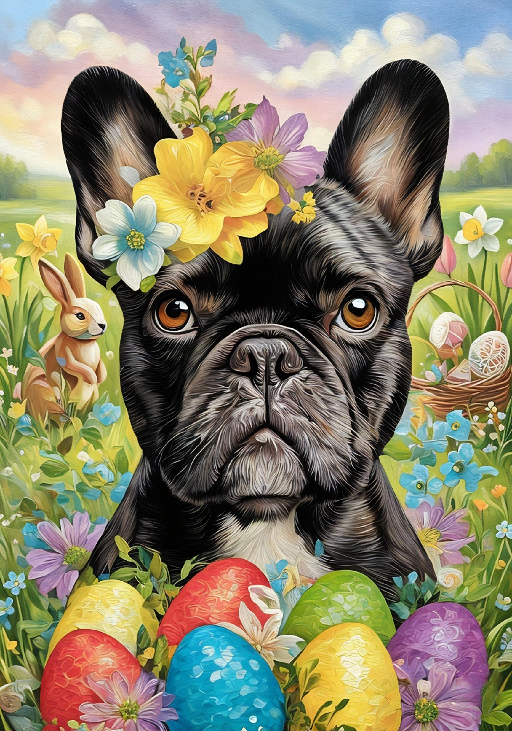 Frenchie Flowers and Easter Eggs Diamond Art Kit