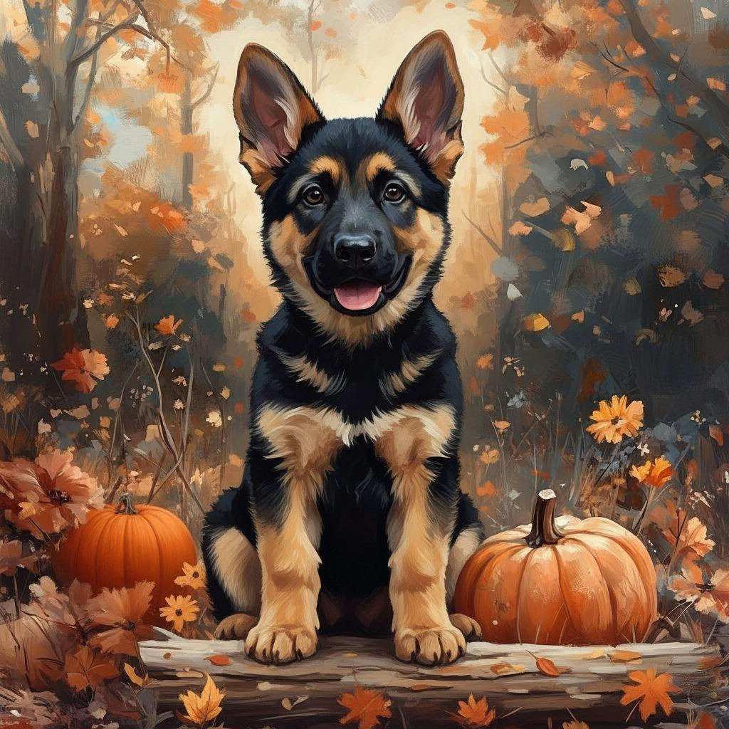 German Shepherd Puppy in Pumpkins Diamond Art Kit